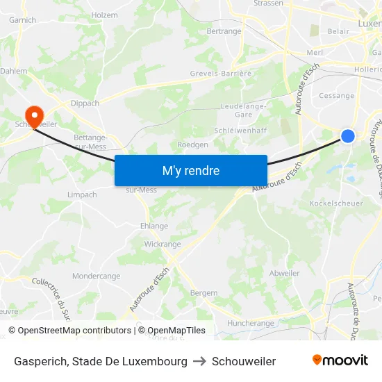 Gasperich, Stade De Luxembourg to Schouweiler map