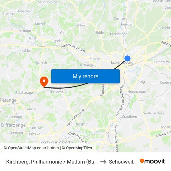 Kirchberg, Philharmonie / Mudam (Bus) to Schouweiler map