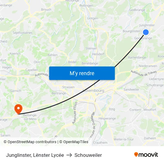 Junglinster, Lënster Lycée to Schouweiler map