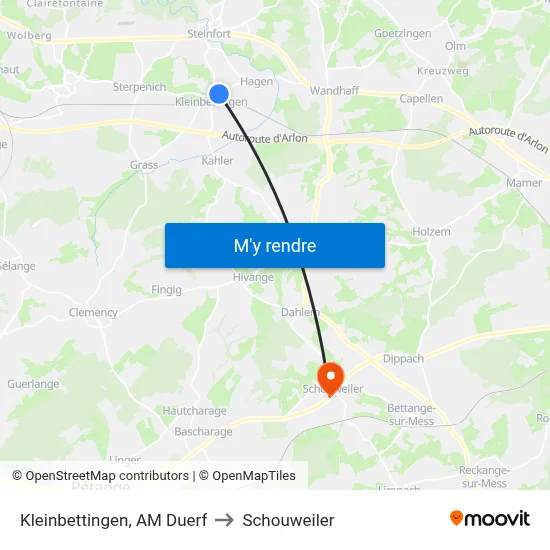 Kleinbettingen, AM Duerf to Schouweiler map