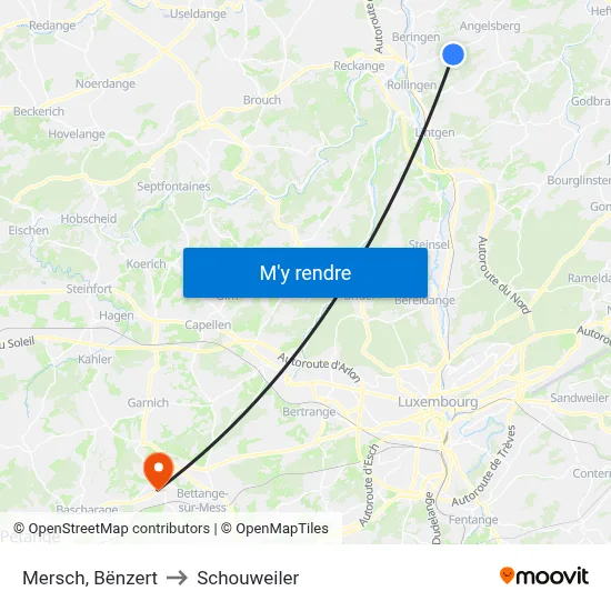 Mersch, Bënzert to Schouweiler map