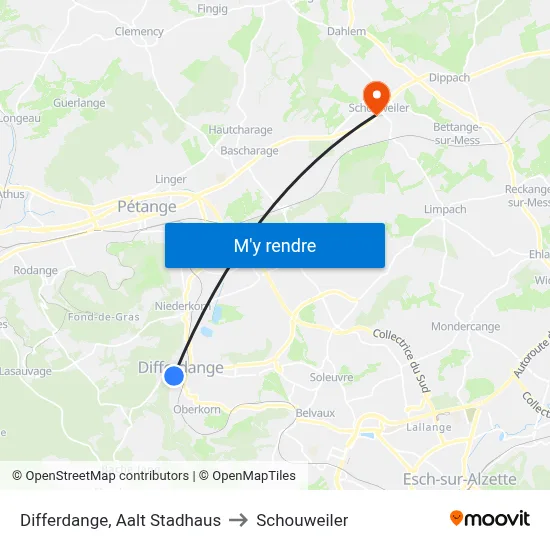 Differdange, Aalt Stadhaus to Schouweiler map