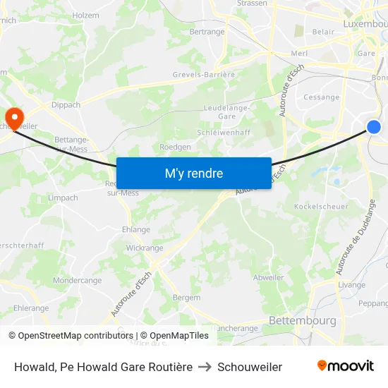 Howald, Pe Howald Gare Routière to Schouweiler map