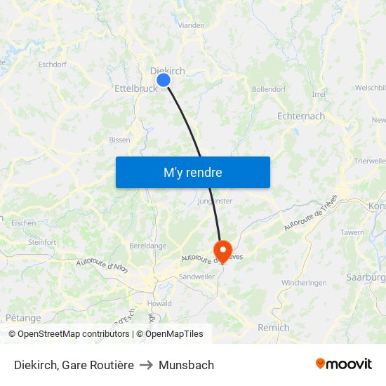 Diekirch, Gare Routière to Munsbach map