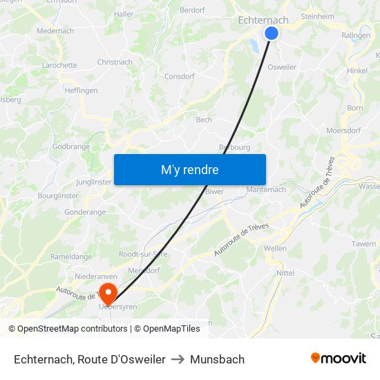 Echternach, Route D'Osweiler to Munsbach map