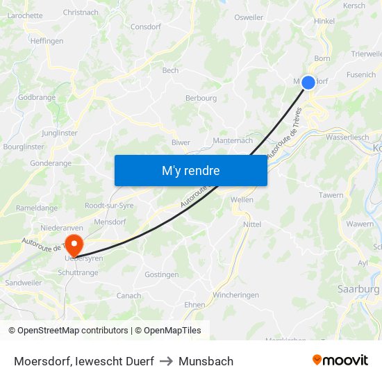 Moersdorf, Iewescht Duerf to Munsbach map