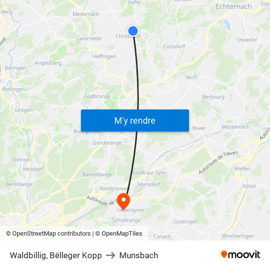 Waldbillig, Bëlleger Kopp to Munsbach map