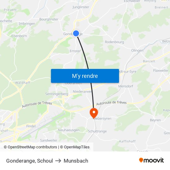 Gonderange, Schoul to Munsbach map