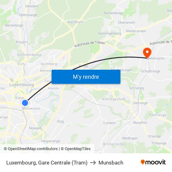 Luxembourg, Gare Centrale (Tram) to Munsbach map