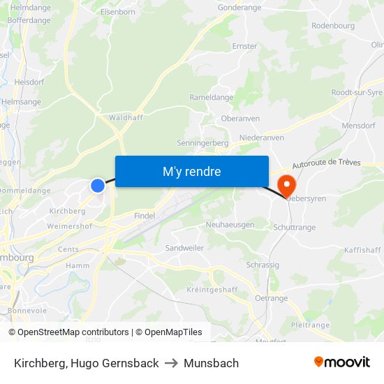 Kirchberg, Hugo Gernsback to Munsbach map
