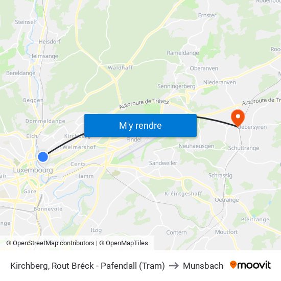 Kirchberg, Rout Bréck - Pafendall (Tram) to Munsbach map