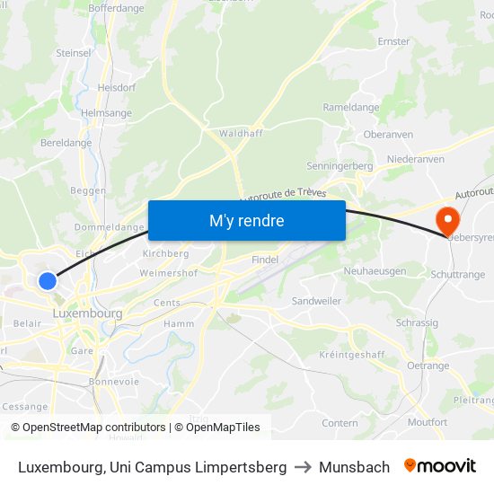 Luxembourg, Uni Campus Limpertsberg to Munsbach map