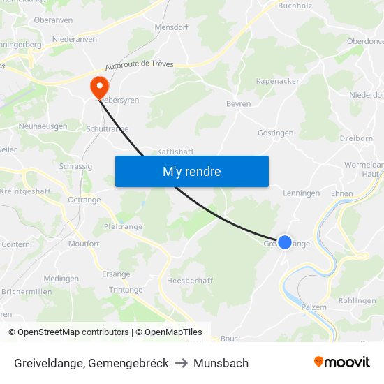 Greiveldange, Gemengebréck to Munsbach map