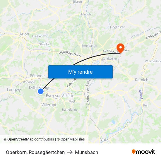 Oberkorn, Rousegäertchen to Munsbach map