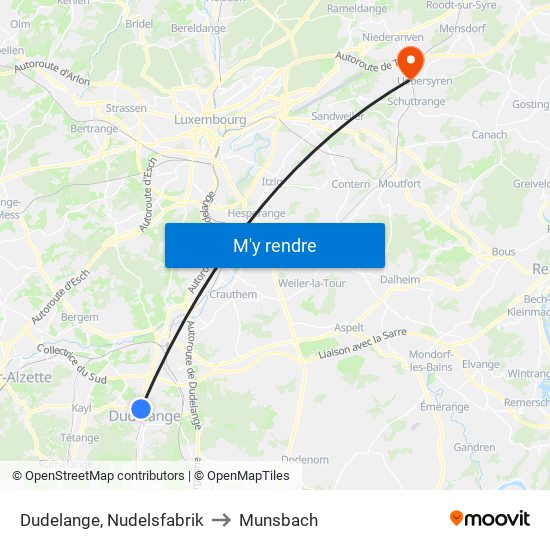 Dudelange, Nudelsfabrik to Munsbach map