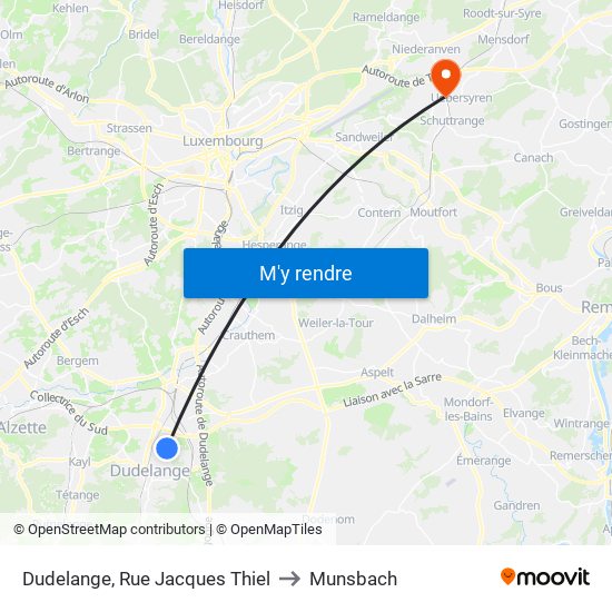 Dudelange, Rue Jacques Thiel to Munsbach map