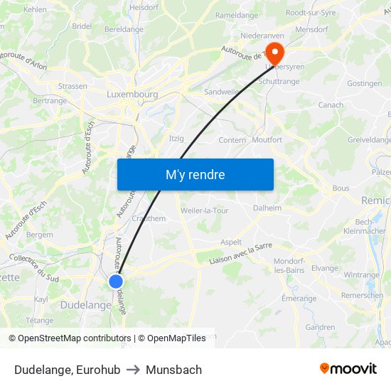 Dudelange, Eurohub to Munsbach map