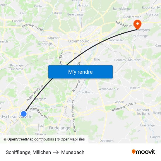 Schifflange, Millchen to Munsbach map