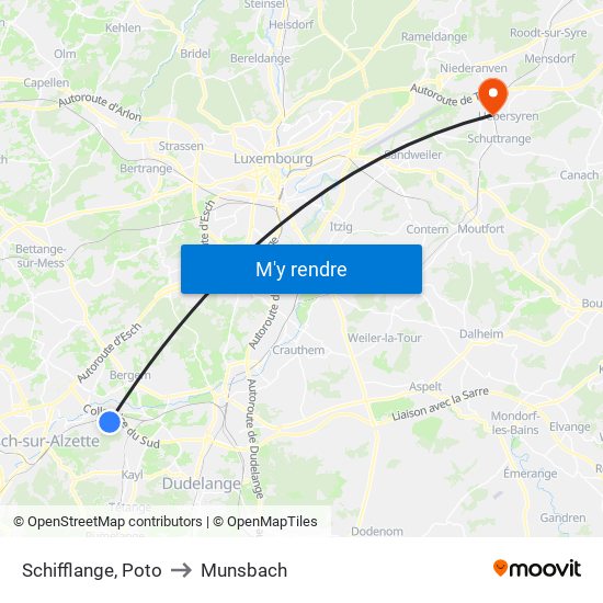 Schifflange, Poto to Munsbach map