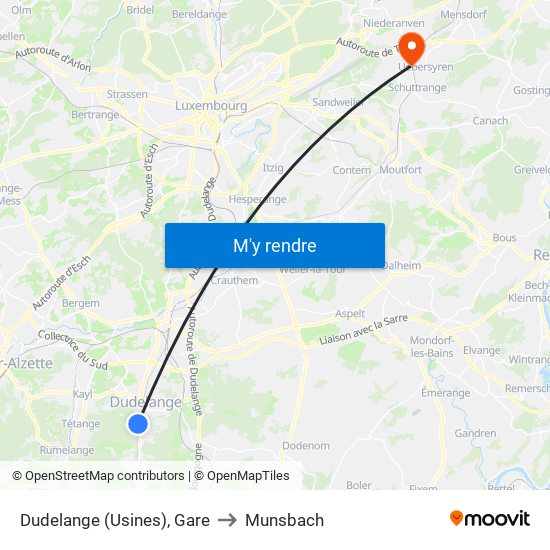 Dudelange (Usines), Gare to Munsbach map