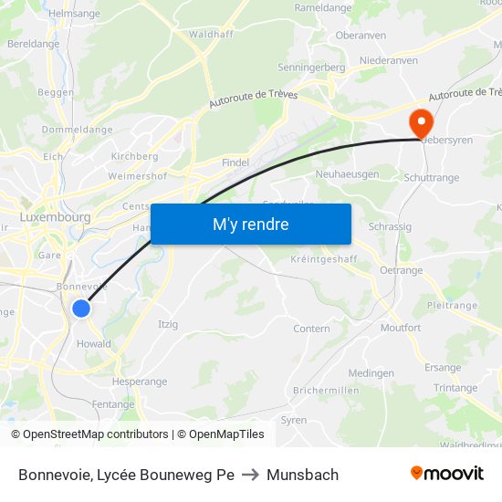 Bonnevoie, Lycée Bouneweg Pe to Munsbach map