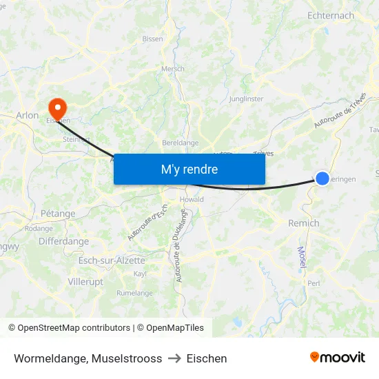 Wormeldange, Muselstrooss to Eischen map
