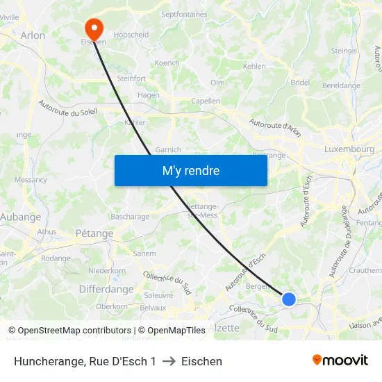 Huncherange, Rue D'Esch 1 to Eischen map
