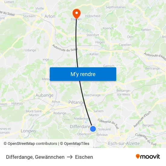 Differdange, Gewännchen to Eischen map