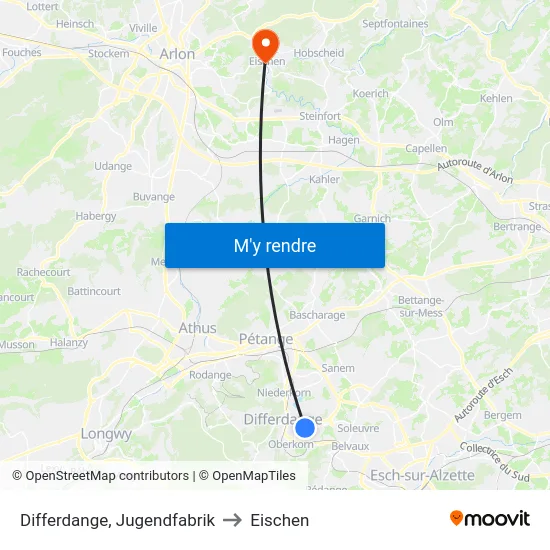 Differdange, Jugendfabrik to Eischen map
