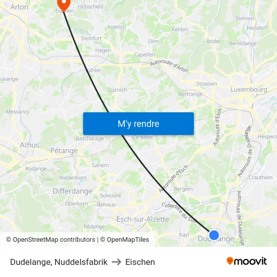 Dudelange, Nuddelsfabrik to Eischen map
