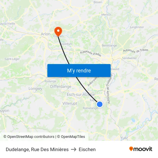 Dudelange, Rue Des Minières to Eischen map