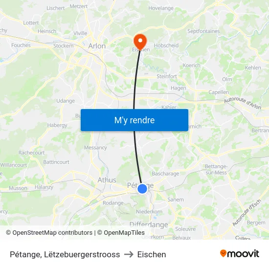 Pétange, Lëtzebuergerstrooss to Eischen map