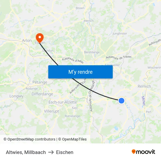 Altwies, Millbaach to Eischen map