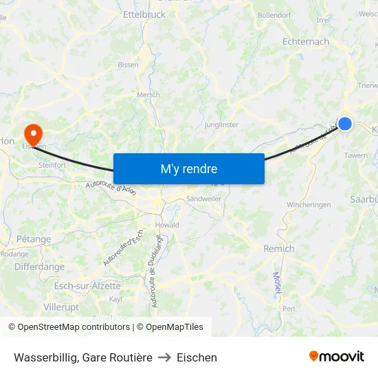 Wasserbillig, Gare Routière to Eischen map