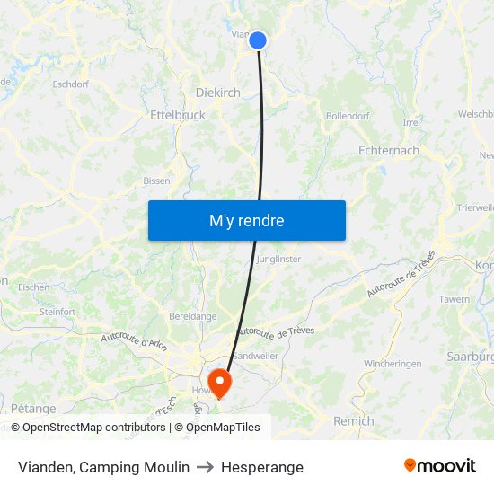 Vianden, Camping Moulin to Hesperange map