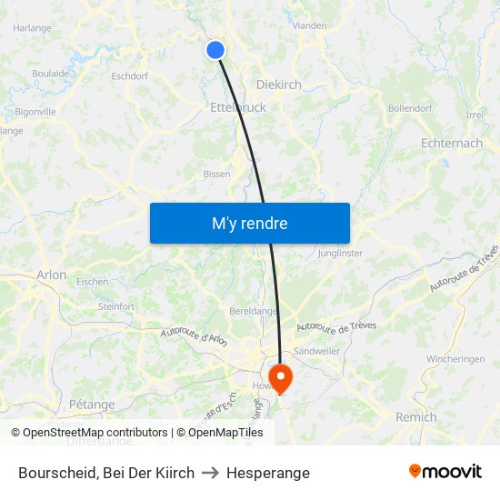 Bourscheid, Bei Der Kiirch to Hesperange map