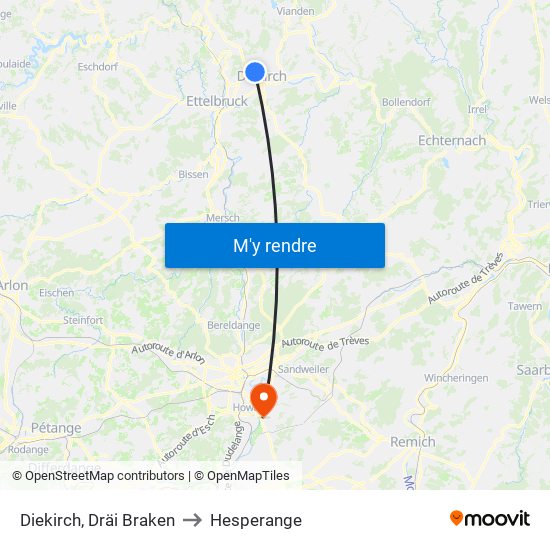 Diekirch, Dräi Braken to Hesperange map