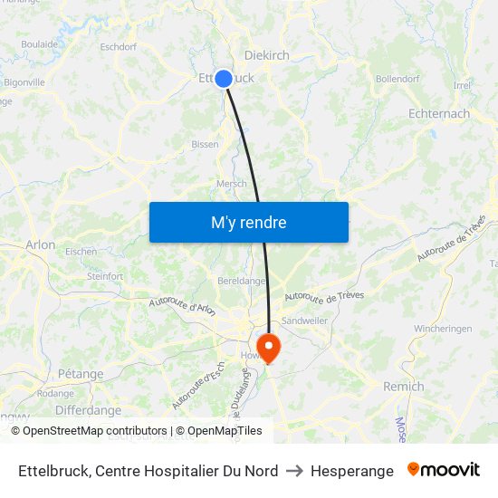 Ettelbruck, Centre Hospitalier Du Nord to Hesperange map