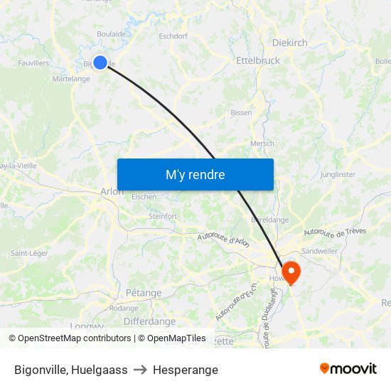 Bigonville, Huelgaass to Hesperange map