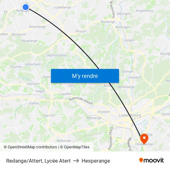 Redange/Attert, Lycée Atert to Hesperange map