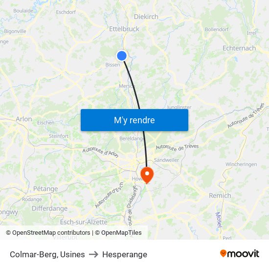 Colmar-Berg, Usines to Hesperange map