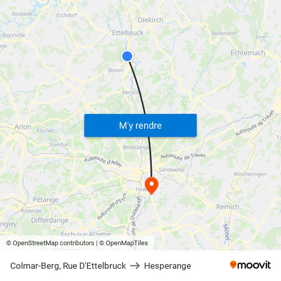 Colmar-Berg, Rue D'Ettelbruck to Hesperange map