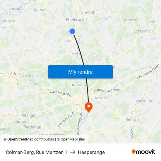 Colmar-Berg, Rue Martzen 1 to Hesperange map