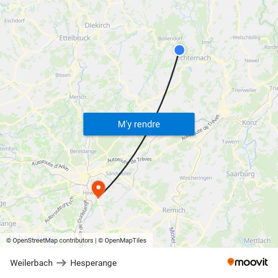 Weilerbach to Hesperange map