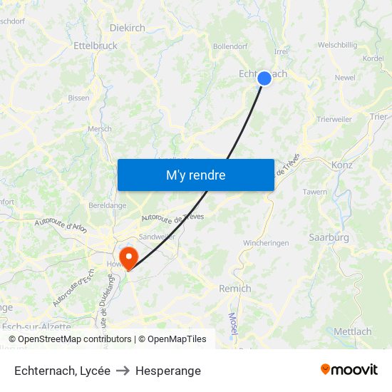 Echternach, Lycée to Hesperange map