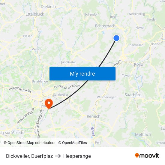 Dickweiler, Duerfplaz to Hesperange map