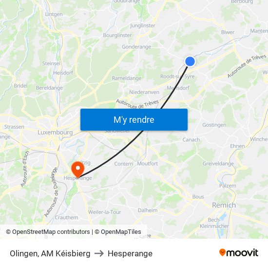 Olingen, AM Kéisbierg to Hesperange map