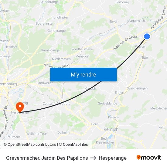 Grevenmacher, Jardin Des Papillons to Hesperange map