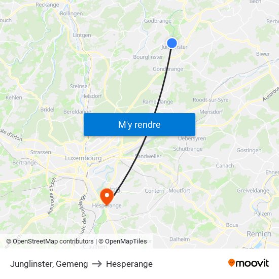 Junglinster, Gemeng to Hesperange map