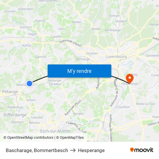 Bascharage, Bommertbesch to Hesperange map
